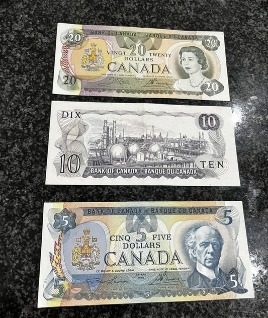 3set Rare Canadian 20/10/5 Dollar Bill Paper Money Banknotes 20$’79 10$’71 5$’79