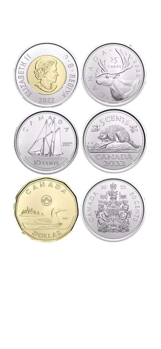 Complete Set of 6 2022 Canada Coins Loonie Toonie. Mint UNC $2 $1 50c 25c 10c 5c