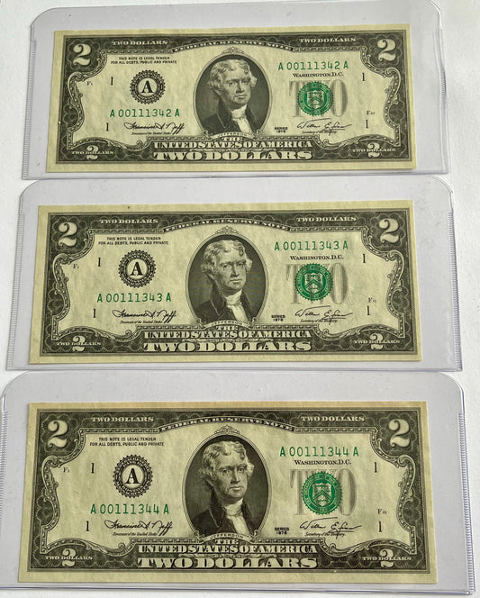 3 $2 American Offset/Miss Cut Consecutive Bills