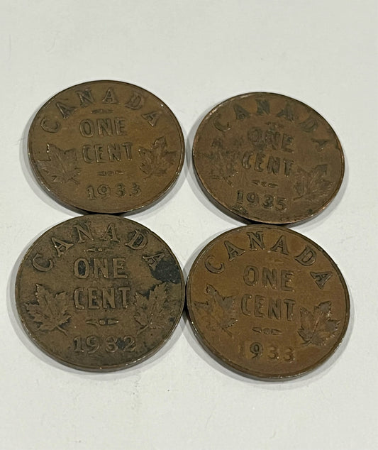 4 Canadian Pennies 1932/33/35
