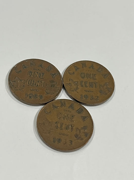 3 Canadian Pennies 1929/32/33