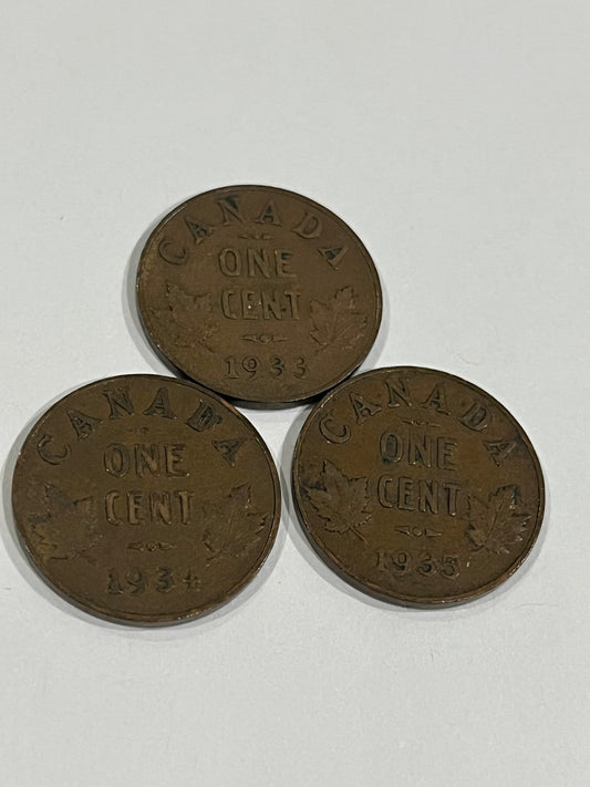 3 Canadian Consecutive Pennies 1933/34/35